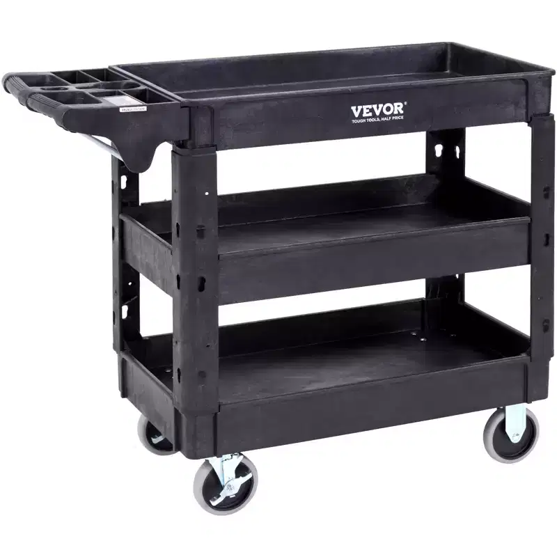 VEVOR Utility Service Cart, 3 Shelf 550LBS Heavy Duty Plastic Rolling Utility Cart with 360 Swivel Wheels (2 with Brakes)