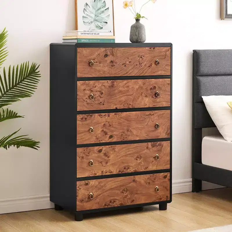5 Drawers Dresser, 46 Tall Modern Chest of Drawers with Natural Texture, Curved Profile Design, Dresser TV Stand