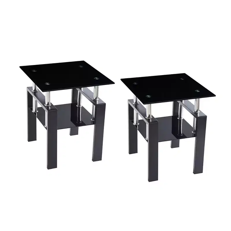 HomeRoots Set of Two Black Glass and Metal Square End Tables With Shelf