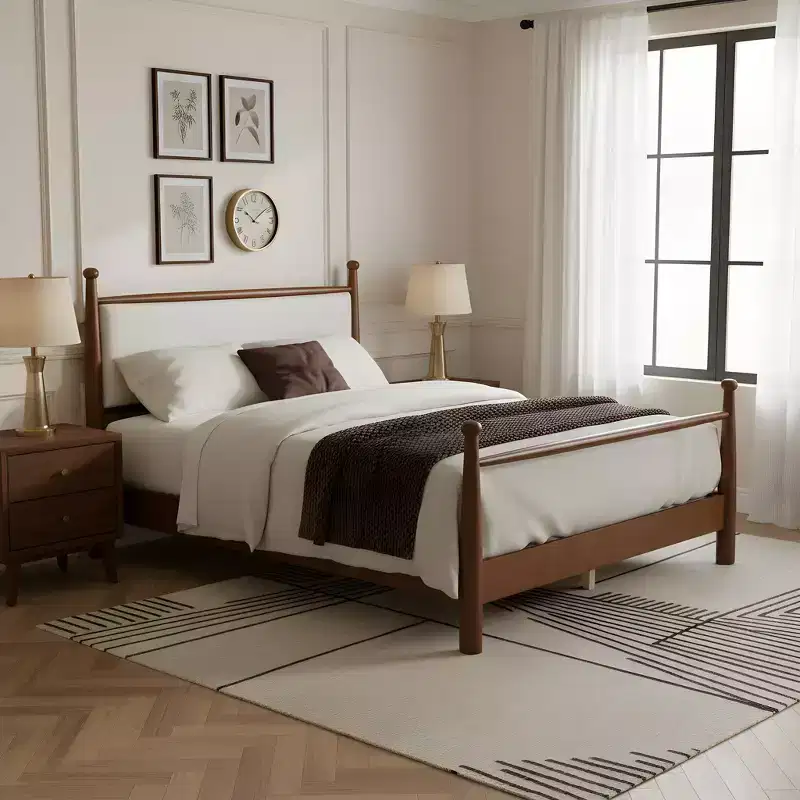 Queen/King Size Platform Bed Frame with Upholstered Headboard & Sturdy Solid Poplar Frame, Beige & Walnut