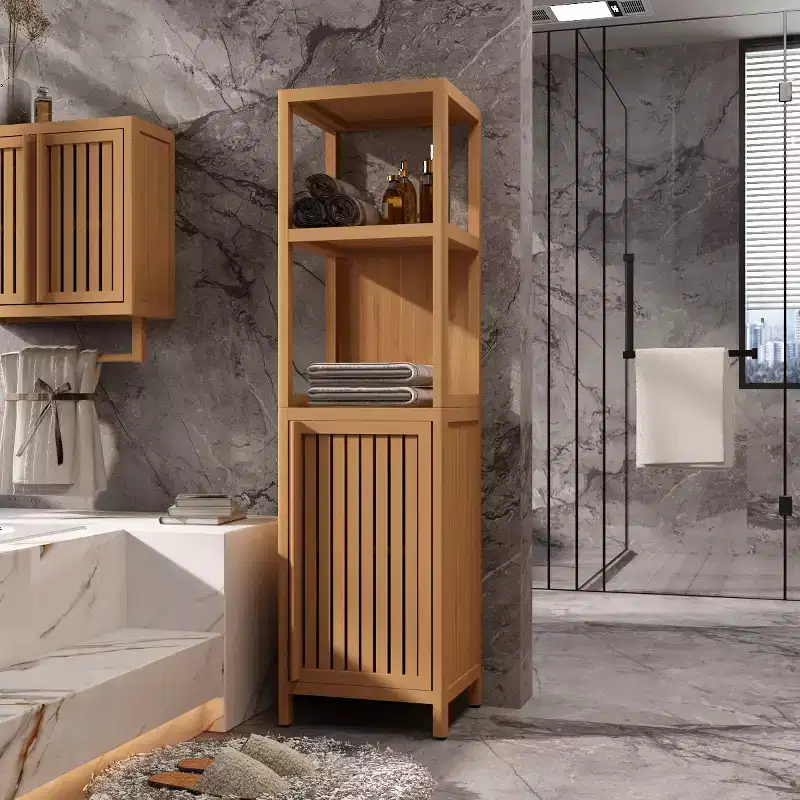 52 Tall Bamboo Storage Cabinet with 2 Open Shelves and 1 Door for Bathroom, Natural