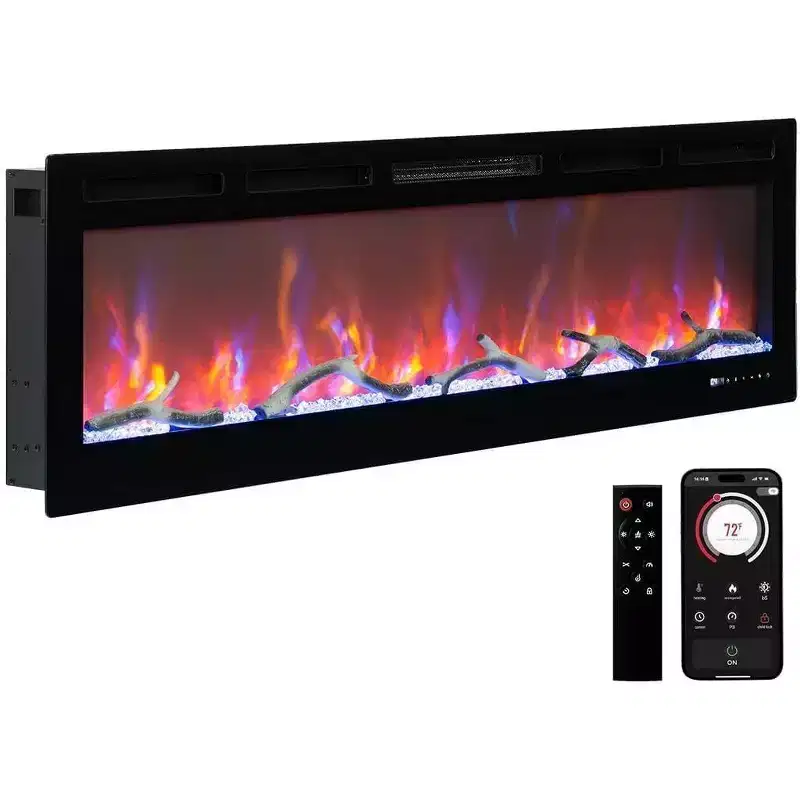 Coolmee 88 inch Electric Fireplace, Smart Recessed or Wall-Mounted, WiFi Control, Dual Heat 750/1500W, 12 Flame Colors, Touch Screen, Timer