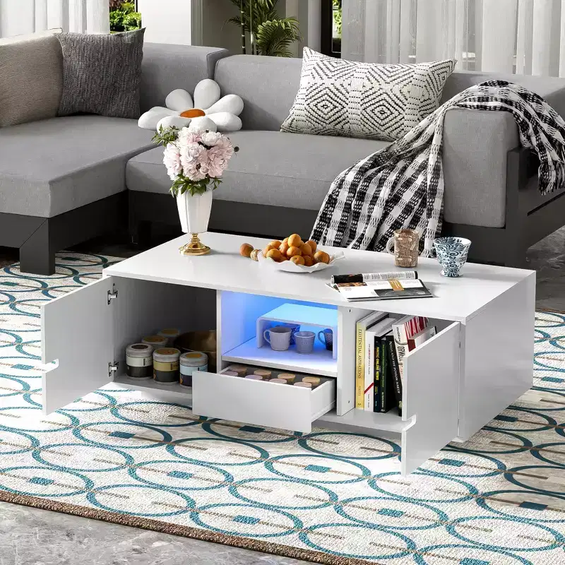 Modern High Glossy Rectangle Coffee Table, Stylish Center Table with Storage Space, Accent Furniture with 16 Color LED Lights for Living Room