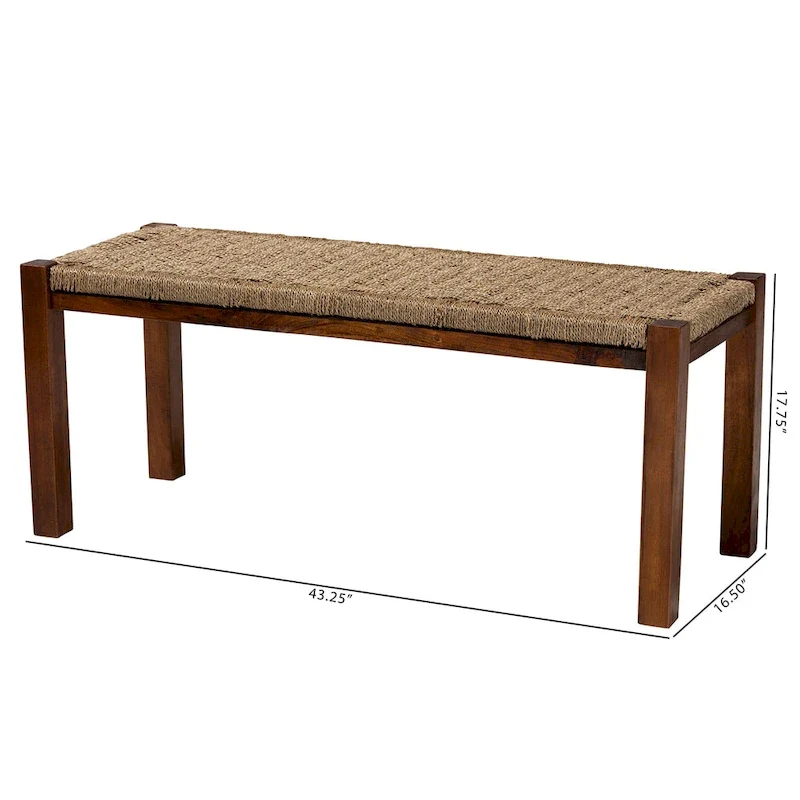 Mid-Century Transitional Bench with Woven Seagrass Seat and Mahogany Frame