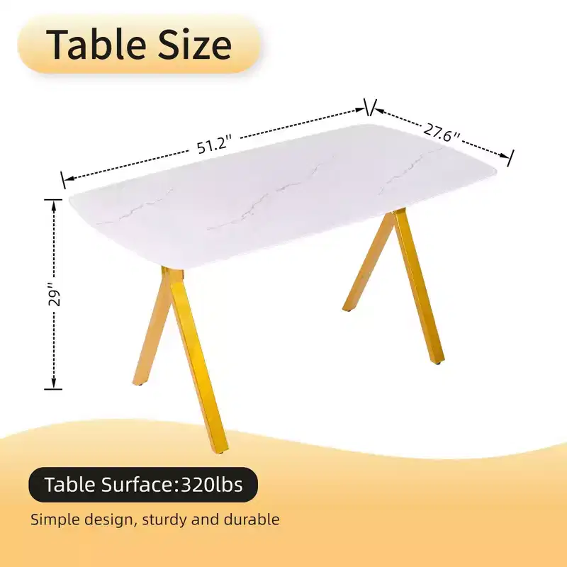 GDFStudio Daniela Modern Tempered Glass Rectangular Dining Table with Marble Design and Metal Legs