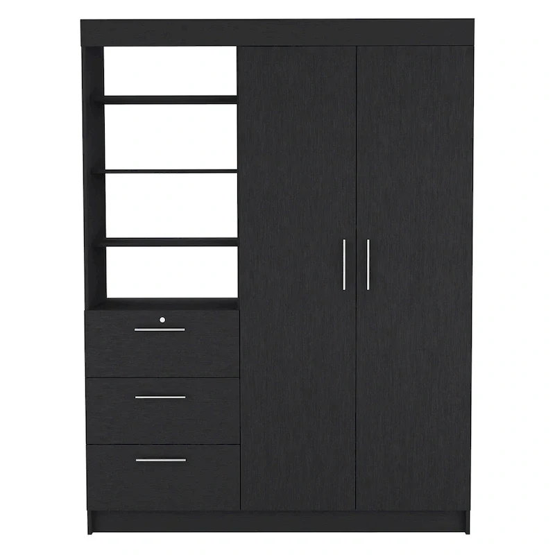 Kenya 3-Drawer Armoire with 3 Upper Shelves, 2 Hangers, Metal Handles, White - N/A