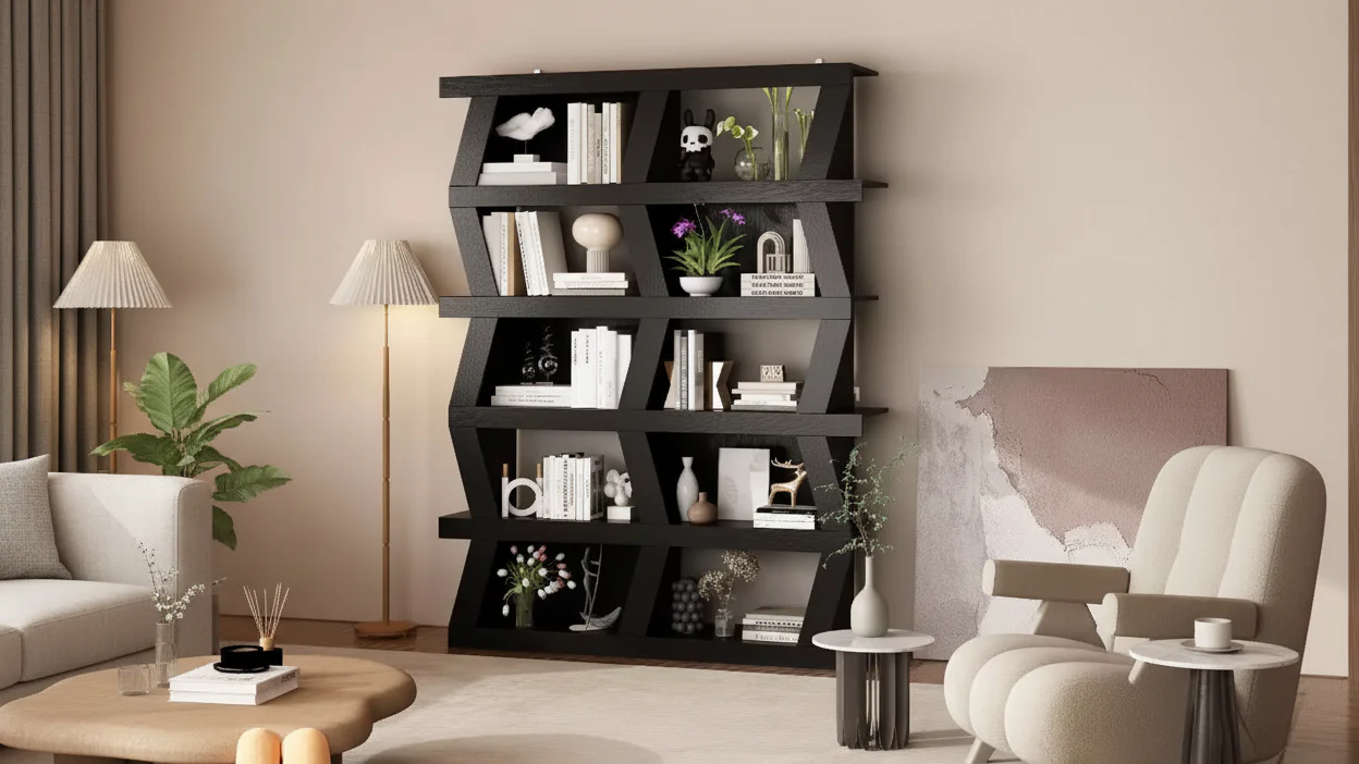 Open Bookcase Decorative Shelf Unique Shape Multi-functional Storage Multi-storage Compartment Black