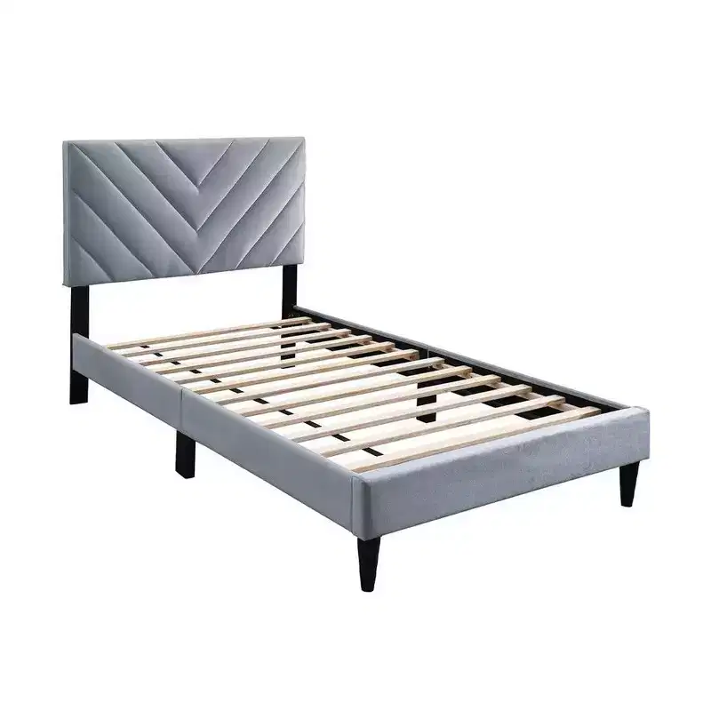 Royal Hampton Full Size Bed, Tufted Gray Velvet Upholstery, Chevron Stitch
