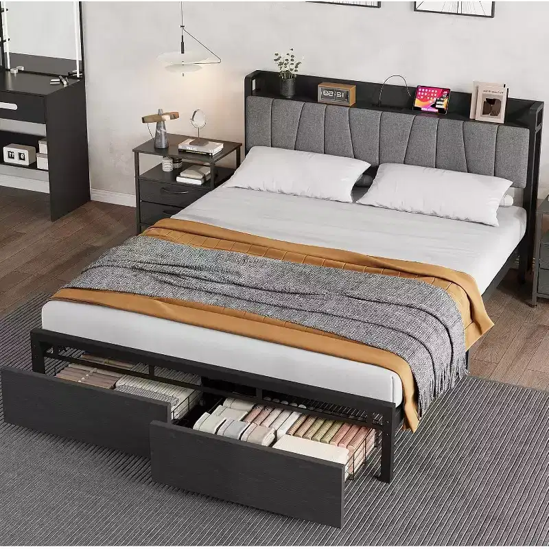 Full/Queen/King Size Platform Bed Frame with Storage Drawers, Charging Station & Upholstered Tall Headboard, Metal Slats, No Box Spring Needed, Black