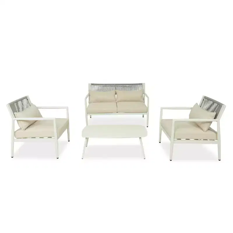 GDFStudio Oscar Modern Outdoor 4-Seat Metal Frame Conversation Set with Thick Cushions and Rope Woven Design