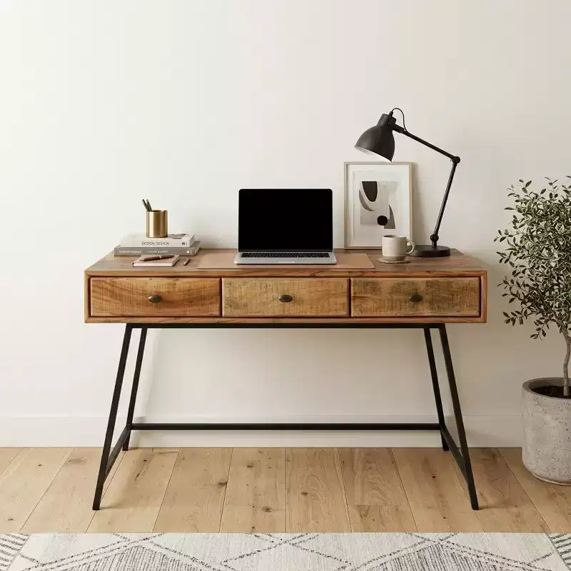 HomeRoots 47 Natural and Black Solid Wood Writing Desk With Three Drawers
