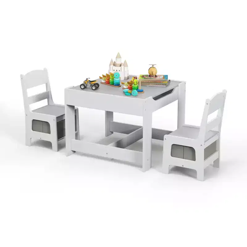 Costway Kids Table Chairs Set With Storage Boxes Blackboard Whiteboard Drawing GreyNature