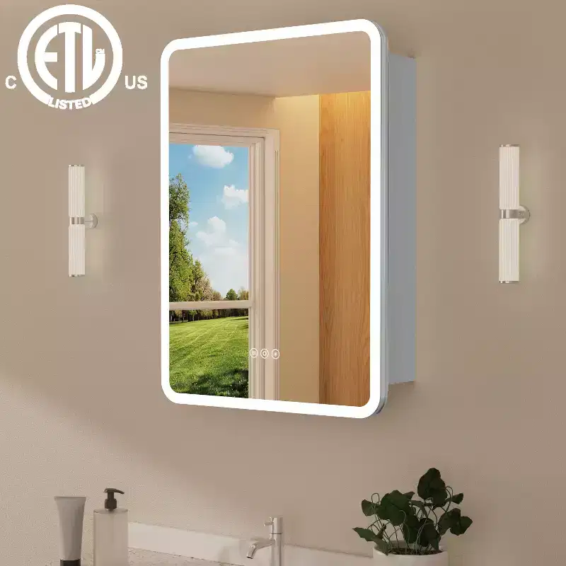 LED Mirror Medicine Cabinet, Surface or Recessed Mount, 3-Color Dimmable Lighting, Anti-Fog, USB & Power Outlet