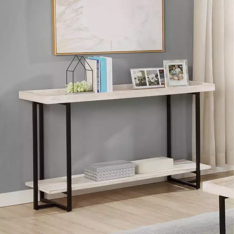 HOMES: Inside + Out Grislare Rectangular Sofa Table Antique White/Black: Transitional Style, Storage Shelf, MDF & Veneer