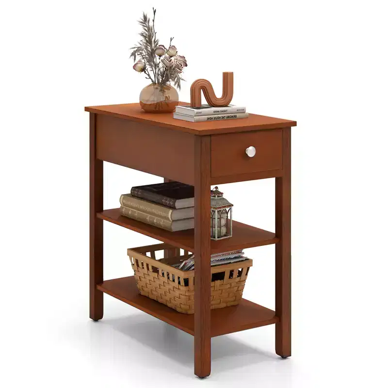 Narrow End Tables w/Drawer Shelves & Rubber Wood Legs Sofa Side Table