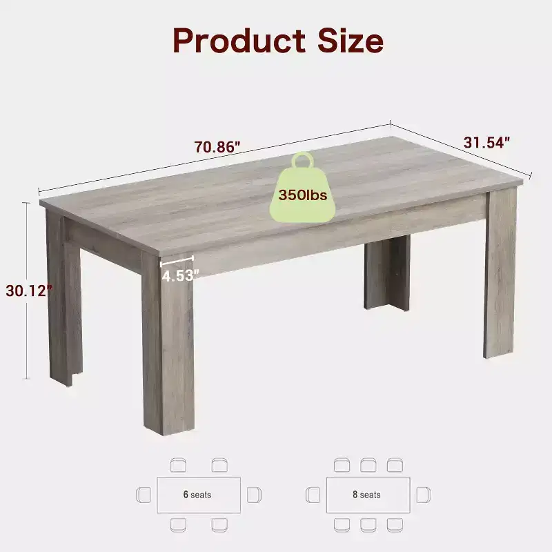 Acekool 71 Rectangular Dining Table for 6-8, Farmhouse Wooden Table with Triangle Legs, for Dining Room or Apartment