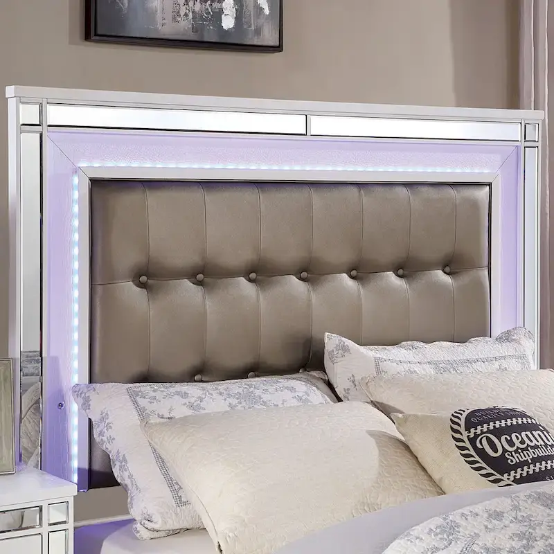 Derc Modern Solid Wood Upholstered Tufted Panel Bed with LED by Furniture of America