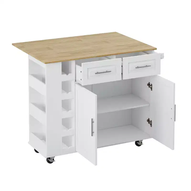 White Kitchen Island Cart with 2-Door Cabinet & 2 Drawers-Rolling Storage Cart with Foldable Rubberwood Table Top,Spice Rack&Wine Rack for Kitchen
