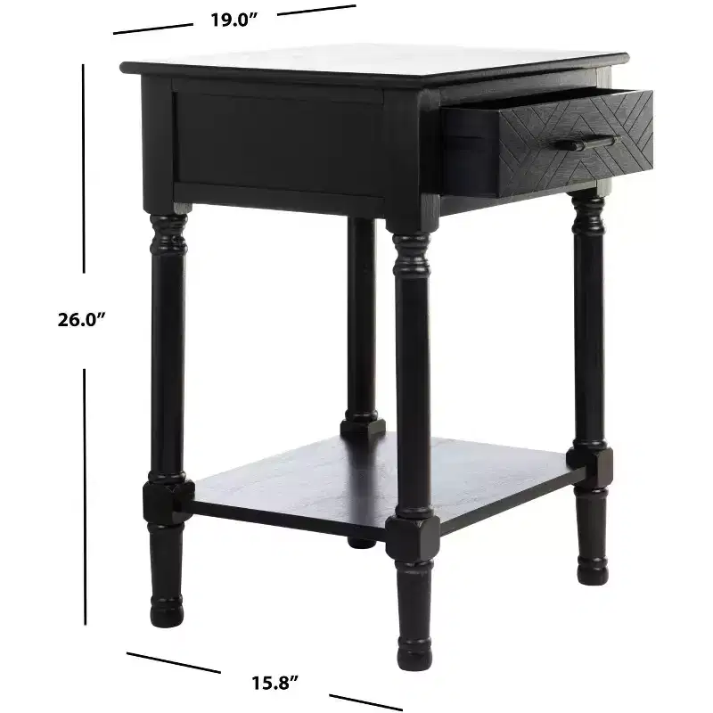 1-Drawer Accent Side Table with Herringbone Detail & Open Shelf, Distressed White
