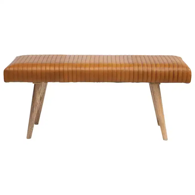 Leather Grid Bench Brown: Mango Wood Frame, Adult Assembly, Spot Clean, Rectangle Shape