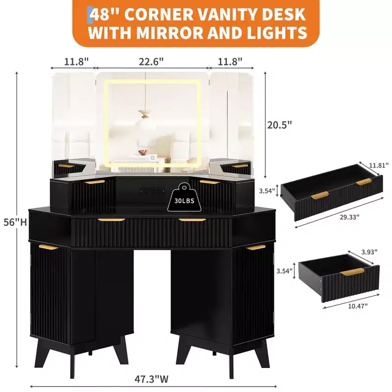 48 Fluted Makeup Vanity, Corner Vanity Desk with 3 Mirrors, Tempered Glass Top, 3 Drawers, 2 Cabinets & 2 Shelf Rack for Bedroom, Dressing Room