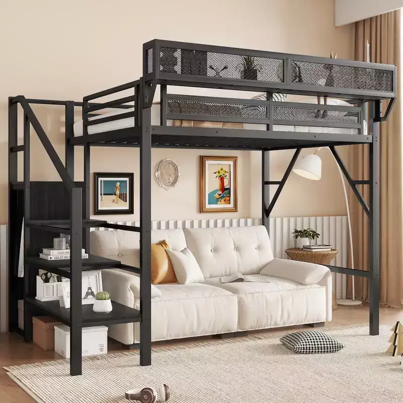 Okak 94IN Twin Size Loft Bed with Wardrobe, Twin Bed with Storage Shelves and Basket, Bed Frames for Bedroom, Dormitory