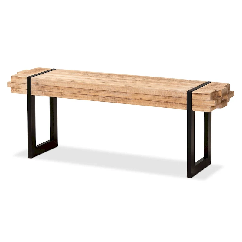 Natural Brown Finished Wood and Black Metal Bench