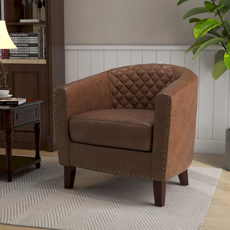 Ethan Accent Chair Barrel PU Leather with Nailhead Trim
