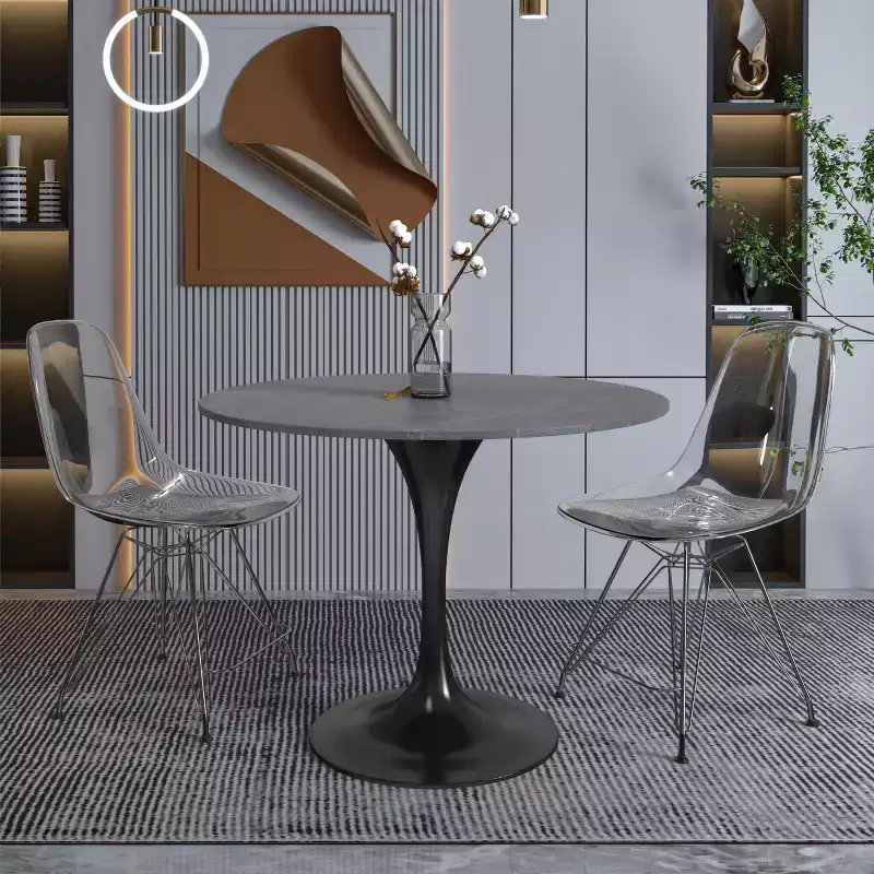 LeisureMod Verve 36 Round Dining Table - Sintered Stone Top with Modern Black Pedestal Base Accent Table for Contemporary Dining and Kitchen Room