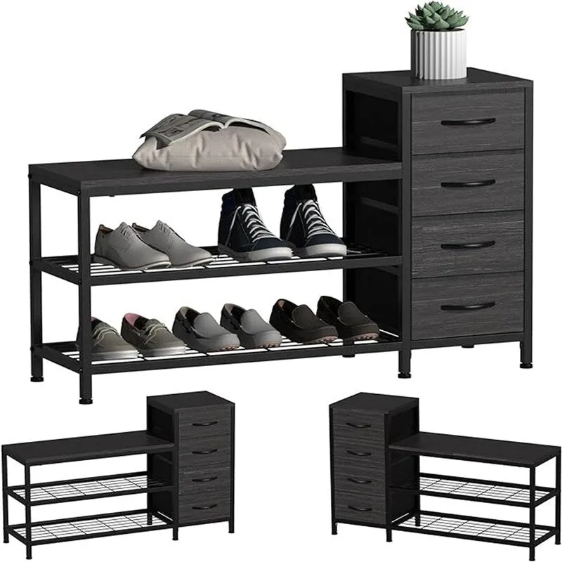 Charcoal Black / Rustic Brown 3-Tier Shoe Bench with 4 Drawers