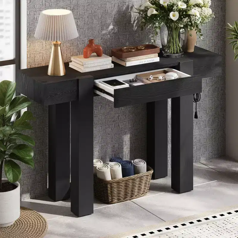 Solid Wood Console Table with Hidden Storage and Built-in Charging Hub