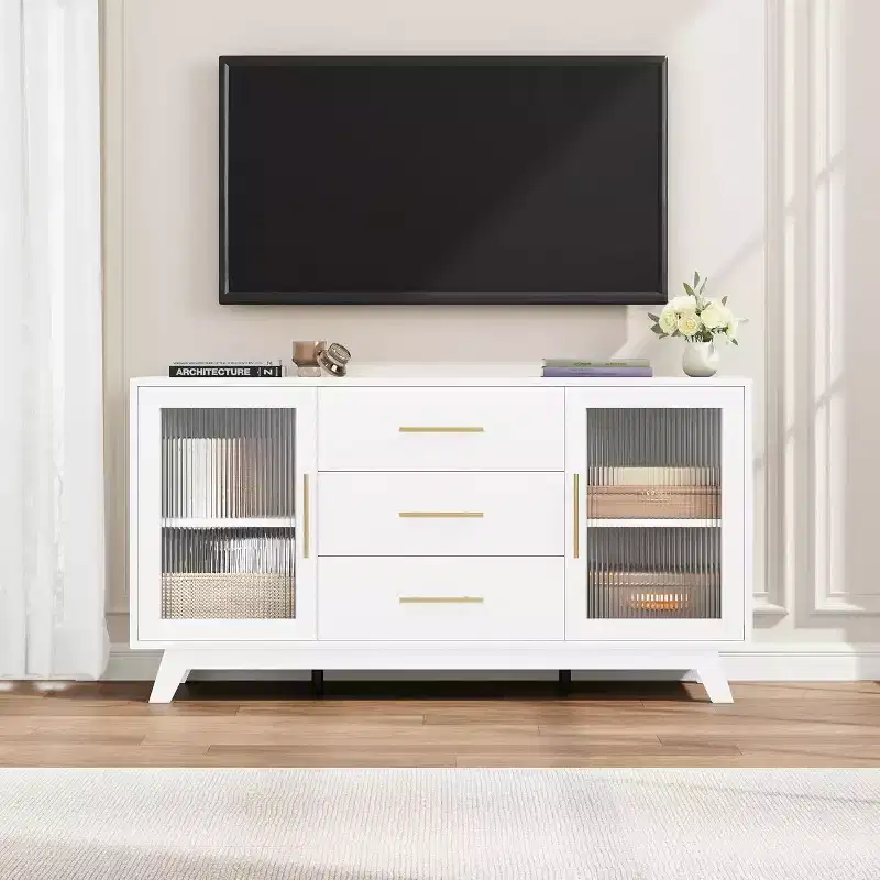COZONY Modern Sideboard Buffet Cabinet with Fluted Glass Doors and 3 Drawers, Adjustable Shelf, Dining Room or Living Room Console