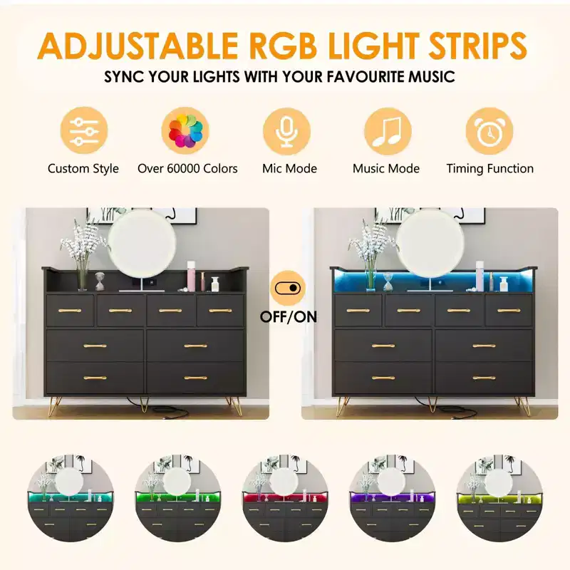 8-Drawer Dresser with Power Outlet, LED Lights & Gold Handles, Modern Wood Chest, White