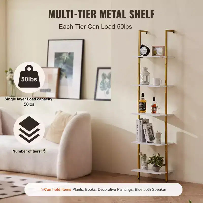 5-Tier Wall-Mounted Ladder Shelf with Metal Frame, 70