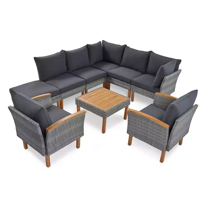 9 PCS Outdoor Rattan Conversation Set, Patio Sofa Set Seating Group With Coffee Table and Washable Cushion, Gray-ModernLuxe