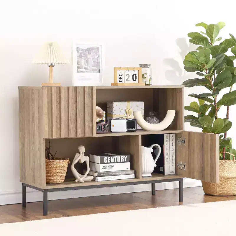 Entryway Table, Farmhouse Wooden Console Table with Storage Shelves & Metal Legs, Rustic Sideboard Buffet for Living Room Dining Room