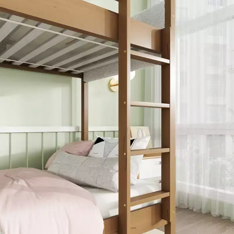 Modern Rubberwood Twin Over Twin Bunk Bed with Boucle Upholstered Headboard & Footboard