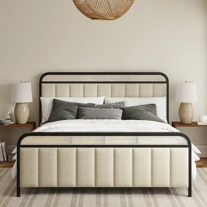 Alphons Modern Solid Wood Frame Ratten Bed with LED Headboard by HULALA HOME