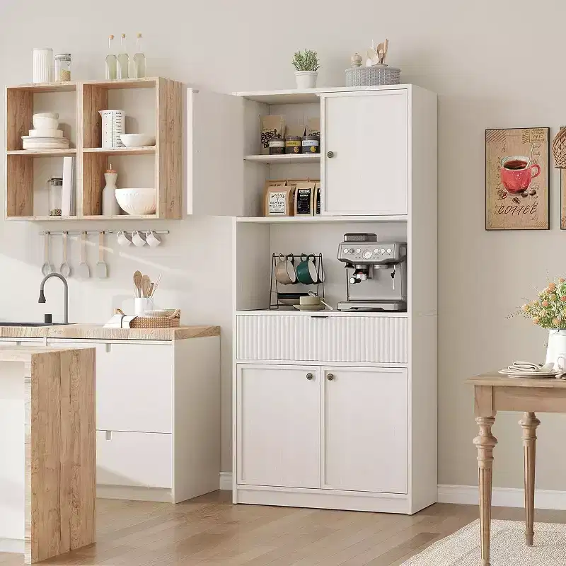 70 Fluted Pantry Cabinet - Storage w/ Countertop, Doors & Drawer for Kitchen & Dining Room