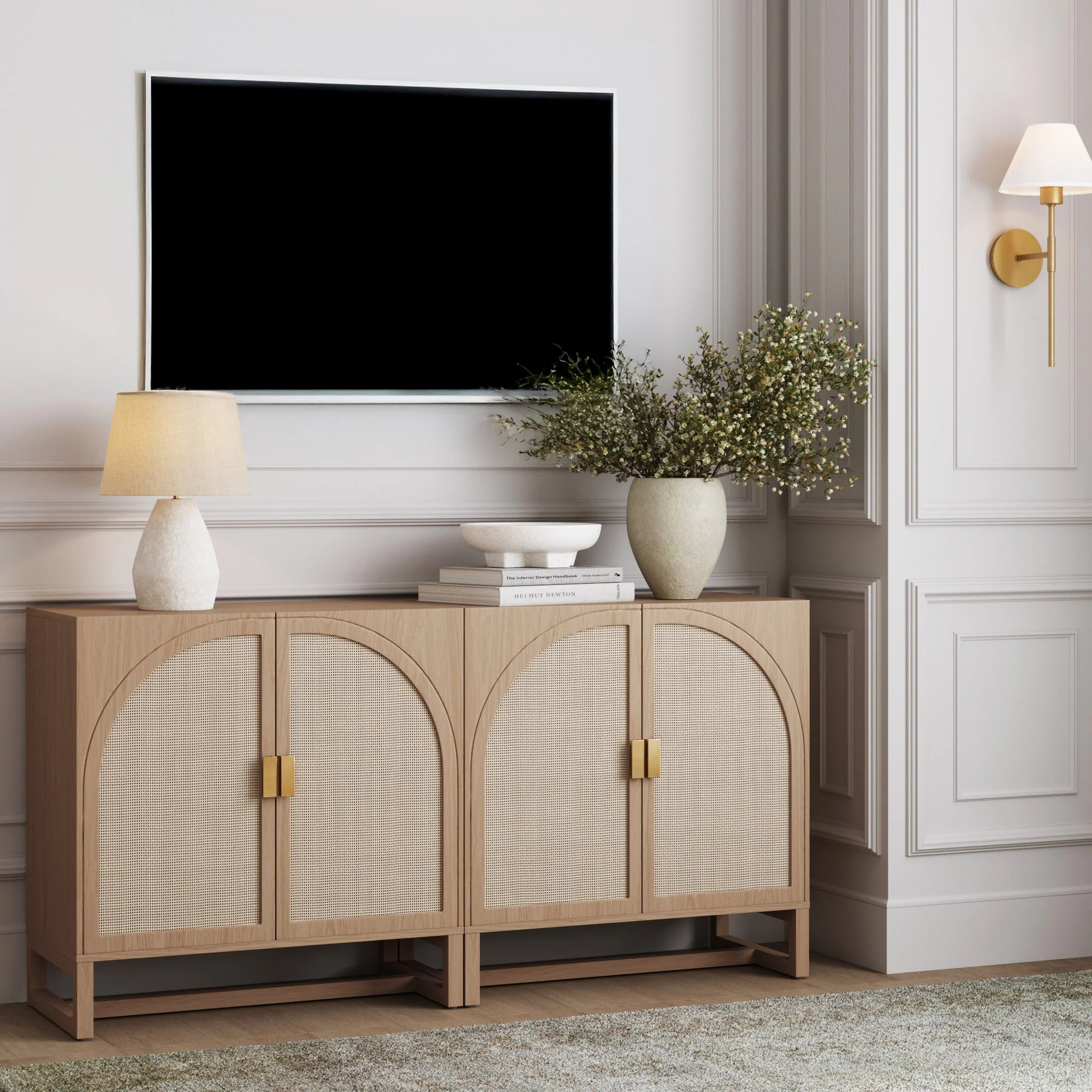 Rattan Arched TV Console Stand for TVs up to 65 Raw Oak