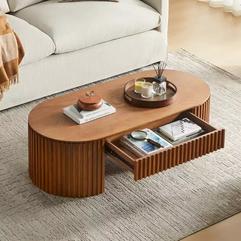 GDFStudio Manuel Modern Wooden Oval Pedestal Coffee Table with Drawer and Handcrafted Relief