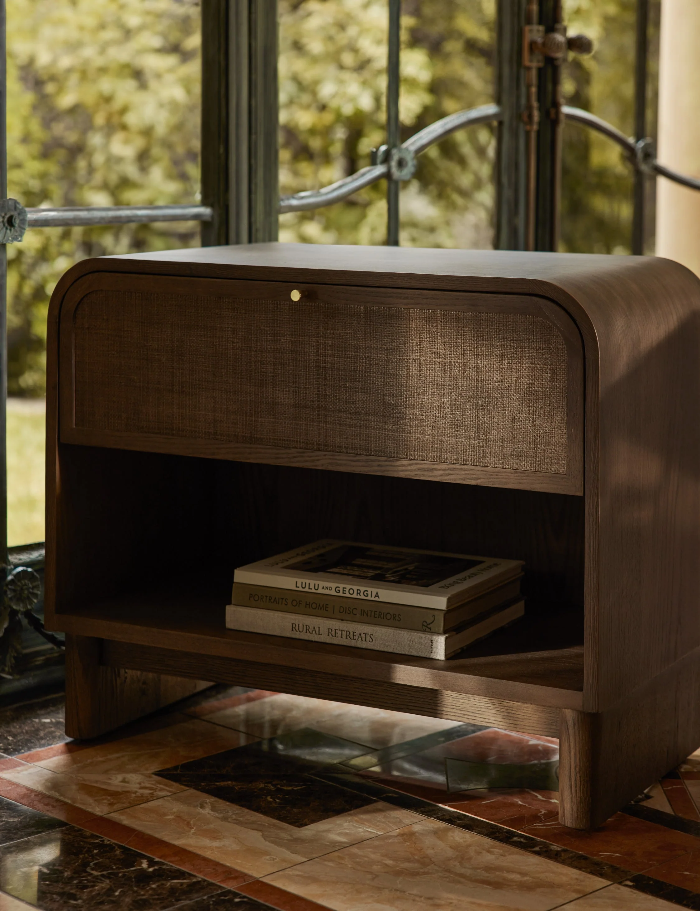 Nightstand Keep it timeless for a look that's always fresh with. The collection's rounded oak frames feature grasscloth paneling for a soft, airy