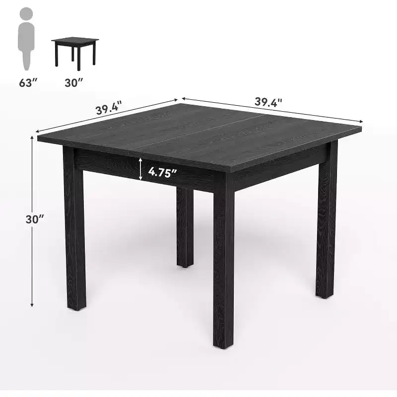 Lantine 39-inch Square Black Wooden Dining Table, Seats 4, Modern Style for Kitchen, Living Room.