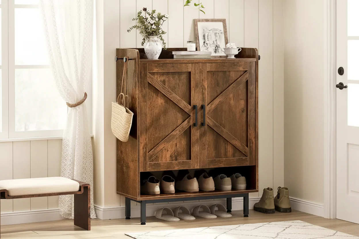 5-Tier Shoe Cabinet with Barn-Style Doors – 15 Pairs