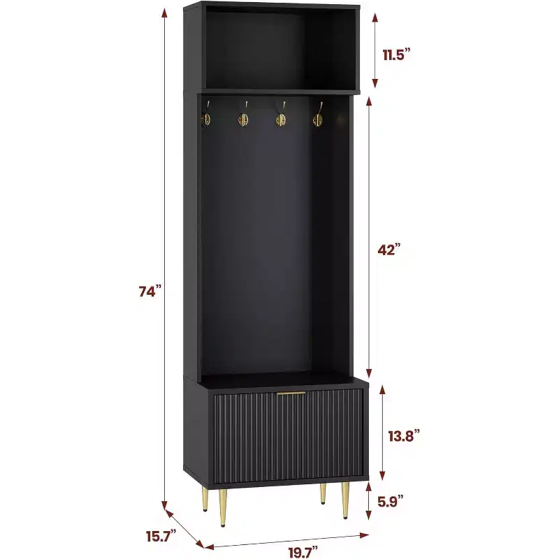 Hall Tree with Bench and Shoe Storage - 74 Tall Entryway Furniture with Top Shelf and 4 Metal Hooks, Coat Rack Cabinet Organizer