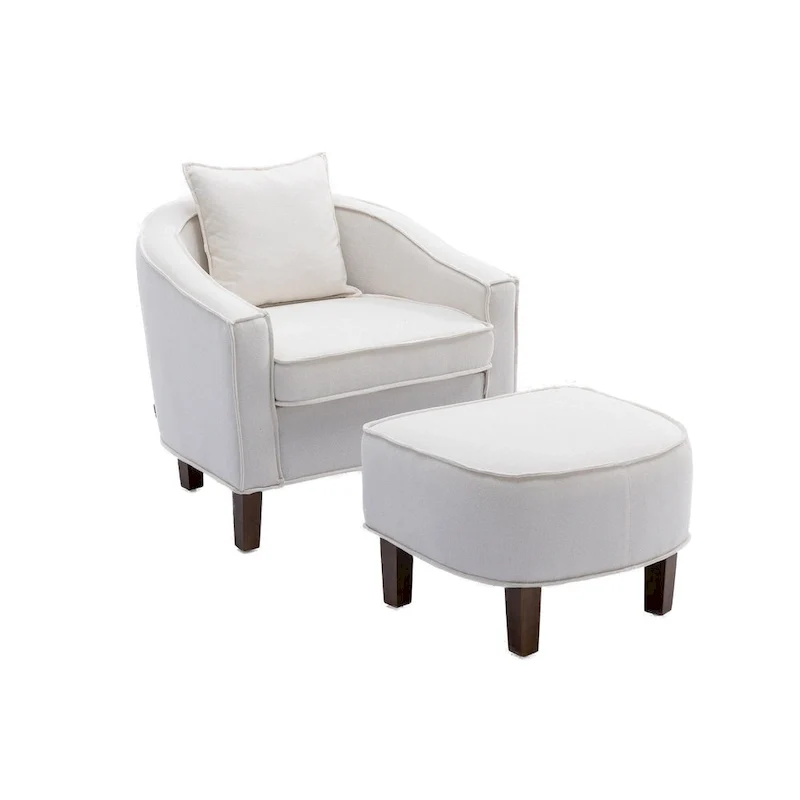 Linen/Polyester Upholstered Mid Century Barrel Chair with Ottoman