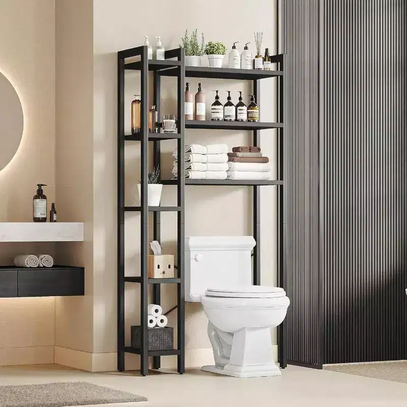 Over Toilet Storage with 8 - Tier Shelf Mass - Storage Open Rack Freestanding Bathroom Organizer Black Space Saver