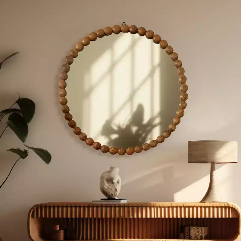Modern Wood and Glass Decorative Round Hanging Wall Mirror With Wooden Bead Design