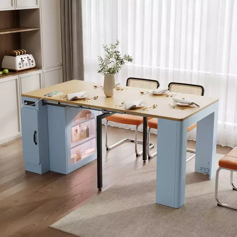 59IN Extendable Dining Table with Removable Middle Leaves, Kitchen Table with Power Outlet, Dinner Table for Dining Room