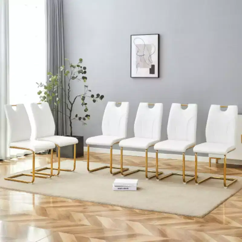 Set of 6 White PU Dining Chairs with Gold Metal Legs - Elegant & Versatile